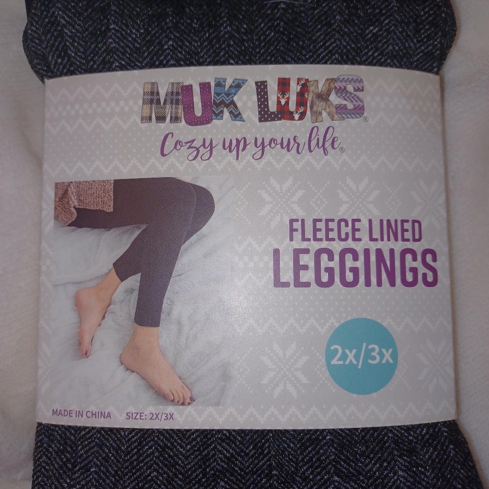NWT  Muk Luks Fleece-lined Leggings 2X/3X Black Herringbone